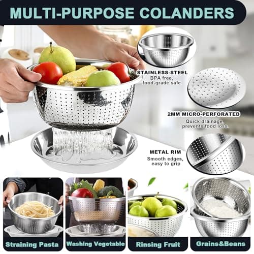 ATPWONZ 4+3 Stainless Steel Colander Set, 4 Sizes (1.8 qt, 2.3 qt, 3 qt, 4 qt) with 1 Mesh Strainer + 2 10-inch Stainless Steel Round Plates, for Washing Rice, Fruits, Vegetables, Draining Pasta, Meat 4