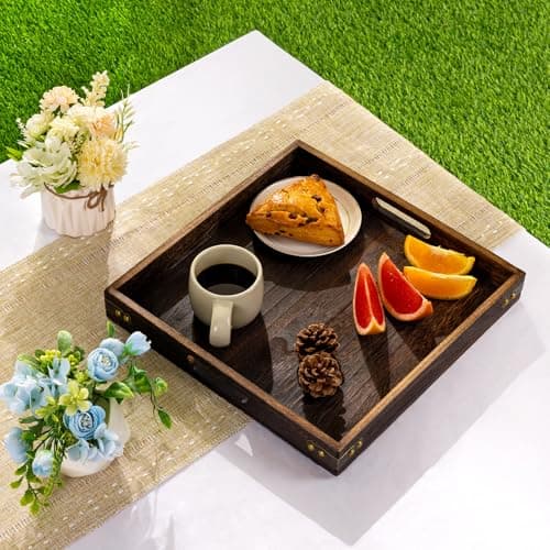 Yangbaga Serving Tray with Handles,13"*13"Wood Decorative Tray for Living Room,Modern Coffee Table Tray,Square Large Serving Platters for Home Decor,Ottoman,Bed,Kitchen,Bathroom, Breakfast,Bar 6