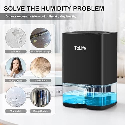 ToLife Dehumidifiers for Home 30 OZ Water Tank with Auto-Off 500 sq.ft Portable Small Dehumidifier for Bathroom Bedroom RV Closet Room 7 Colors LED Light, Black 6