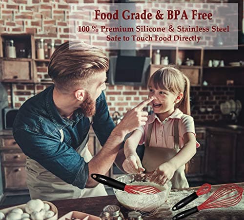 Walfos Whisk,Silicone Whisks- Heat Resistant（480°F） Silicone Whisks for Cooking Non Scratch,BPA free and Dishwasher Safe.Perfect for Blending,Whisking,Beating, Set of 3(Red) 9