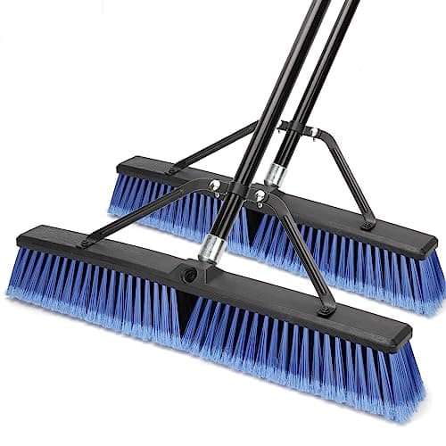 24 inches Push Broom Outdoor for Deck Driveway Garage Yard Patio Concrete Floor Cleaning-Blue-2 Pack