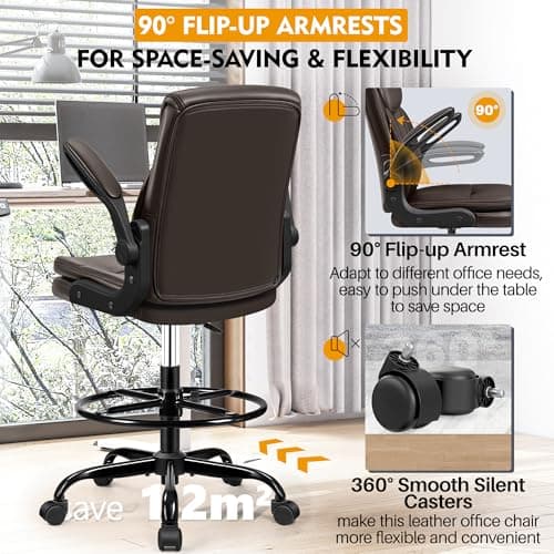 AtHope Drafting Chair Tall Office Chair Leather Executive Office Chair with Adjustable Foot Ring Flip Up Armrest - Comfy Ergonomic Desk Chairs with Lumbar Support for Office Home Studio - Brown 6