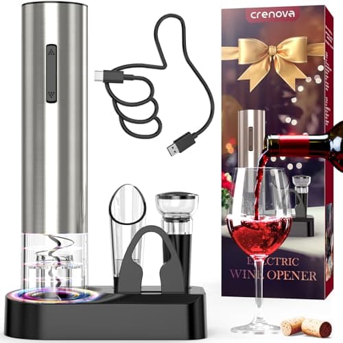 Crenova Electric Wine Opener, Rechargeable Wine Bottle Opener, Automatic Corkscrew with Vacuum Stopper, Aerator Pourer, Foil Cutter, Display Base, Gifts for Valentines Day New Home Wedding Birthday