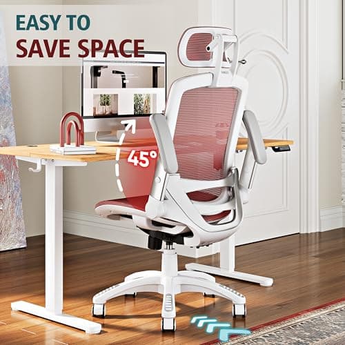 GABRYLLY Ergonomic Office Chair, High Back Home Desk Chair with Headrest, Flip-Up Arms, 90-120° Tilt Lock and Wide Cushion, 300LBS Mesh Chairs for Man Woman, White Task Chair(Red,GY01WR) 5