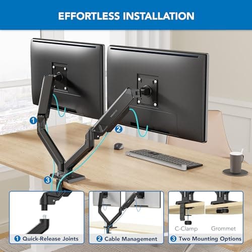 Mount-It! Full Motion Dual Monitor Mount with Spring Arms, 17" to 32", Full Motion Monitor Arm with Tilt, Rotation, Swivel, Height Adjustment, Clamp or Grommet, Fits VESA 75x75 and 100x100 - Black 6