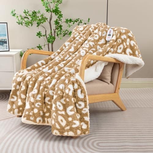 TiMiCalda Leopard Heated Throw Blanket - Soft Knitted Sherpa Electric Blanket with 4 Heat Levels 4 Hours Auto-Off, Electric Throw with Overheating Protection, Warm Gifts, 50"x60"