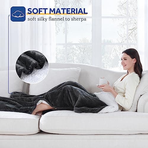 Sealy Electric Blanket with Foot Pocket for Adults, Flannel & Sherpa Heated Blanket Throw with 6 Heating Levels & 2-10 Hours Auto Shut Off, Fast Heating & Machine Washable, 50x62 Inch, Dark Grey 6