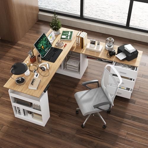 MOUMON L Shaped Standing Desk with Drawers and Shelves, Executive Adjustable Height Desk, L-Shaped Design, 63 inch Tabletop, for Office Oak and White (63”W x 63”D x 28.9-45.3”H)