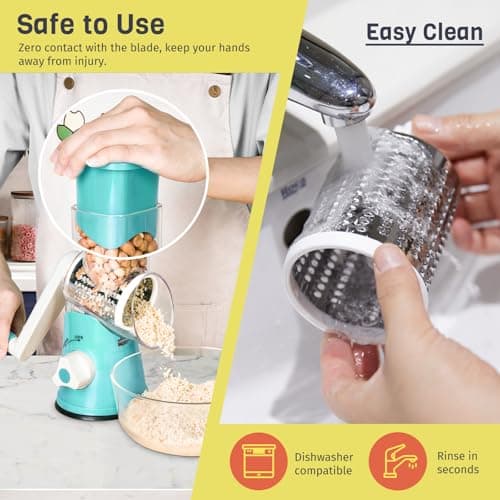 X Home Rotary Cheese Grater for Kitchen, Shredder with 3 Interchangeable Blades, Rotary Grater with Handle and Strong Suction Base, for Vegetables, Fruit, Nuts, Easy to Use and Clean, Blue 7