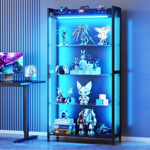 AODK Display Case with LED Lights, Display Cabinet with Glass Storage Shelves and Industrial Metal Mesh, 4-Tier Display Shelf for Collectibles, Curio Cabinet with Open Shelf, Black