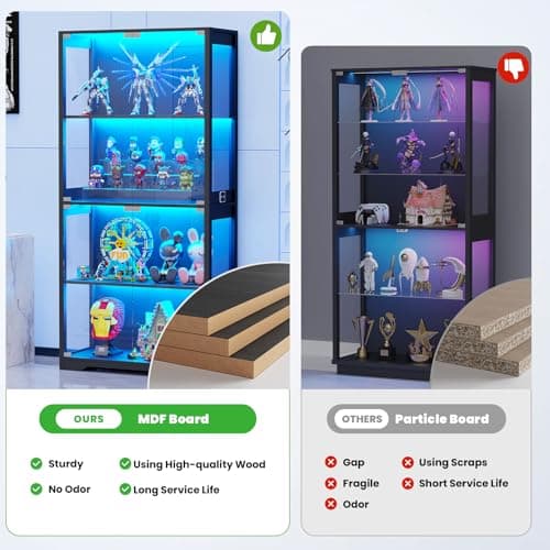 BROTTAR Display Cabinet with Glass Doors, 4-Tier Curio Cabinet with 3 Color Lights for Collectibles, Glass Display Case with Human Body Sensor, Bookcase with 4 Shelves, Storage Cabinets, Black 7