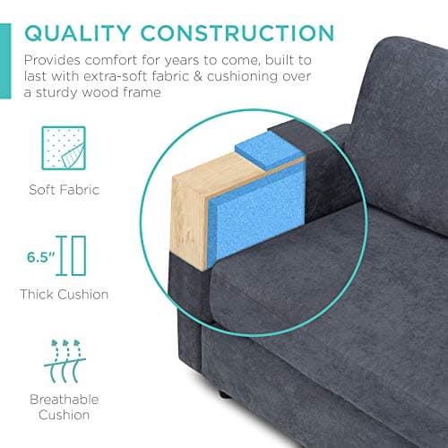 Best Choice Products Upholstered Sectional Sofa for Home, Apartment, Dorm, Bonus Room, Compact Spaces w/Chaise Lounge, 3-Seat, L-Shape Design, Reversible Ottoman Bench, 680lb Capacity - Blue/Gray 6
