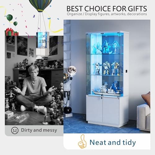 Lvifur 71” Glass Display Cabinet with Lights, Modern Curio Cabinet Display Cases for Collectibles, Locking Cabinet with Shelves & Drawers, Tall Bookcase with Human Body Sensor for Living Room (White) 8