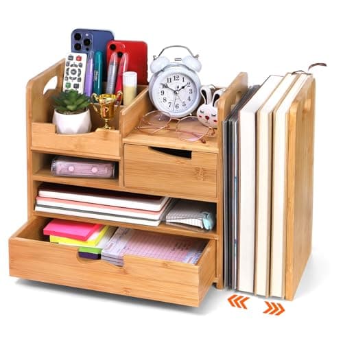 ZOOFOX Bamboo Desk Organizer with Adjustable File Holder, Mail Organizer Countertop with Drawer, 4-Tier Desktop Organization and Desk Accessories for Home Office School Supplies, No Assembly Required