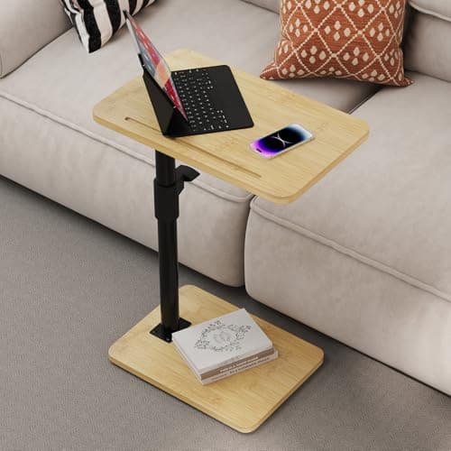 Novamer Sofa Armrest Tray Table - 360° Bamboo Swivel TV Trays - Height Adjustable Side Table for Bed or Chair with Phone and Tablet Slots - End Tables for Small Spaces