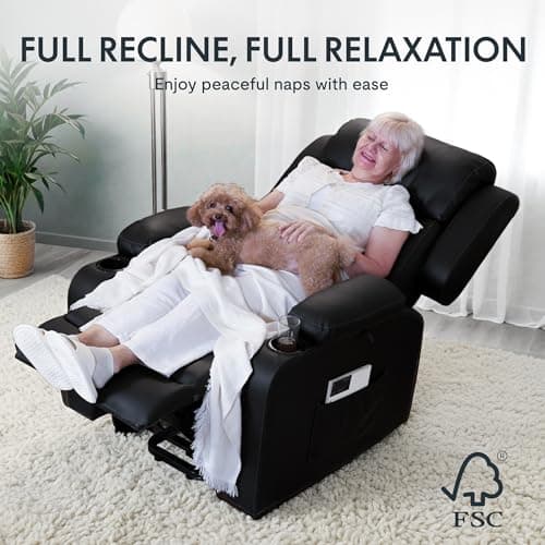 FLEXISPOT XL31 Power Lift Recliner Chair for Elderly, Electric Lift Chair with Massage & Heat, PU Leather Reclining Sofa w/Cup Holders, Side Pockets for Living Room Bedroom(Medium Size,Black) 7