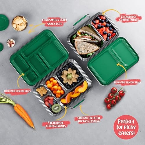 AOHEA Stainless Steel Bento Box Kids, Kids Metal Bento Lunch Box BPA Free Lunch Box Containers 304 Stainless Steel Bento Box for School and Office(Green) 6