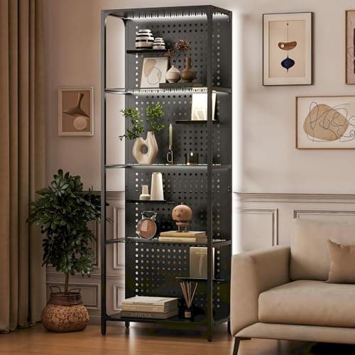Saudism Glass Display Shelf for Collectibles, LED Black Shelf, Curio Cabinet, Lighted Tall Narrow Shelf with Pegboard Steel Frame for Gaming Room, Floor Lamp with Shelves, Living Room, Bedroom, Large 8