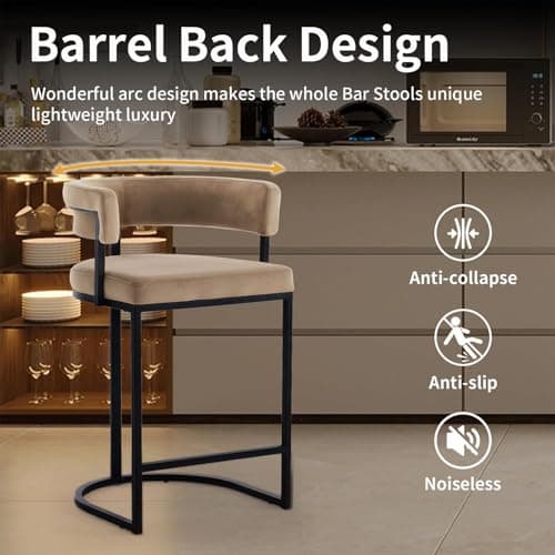 Rongbuk Set of 2 Brown Modern Velvet Bar Stools with Barrel Backrest, Upholstered Seat, and Black Metal Footrest – 25.6-Inch Seat Height, Ideal for Counters, Home Bars, and Kitchen Islands 5