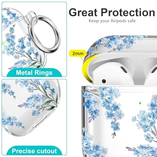 Wonjury Protective Clear Floral Case Cover with Cleaner Kit Portable Shockproof Women Girls with Keychain for Apple Airpods 2/1 Charging Case - Clear/Blue Flower 3