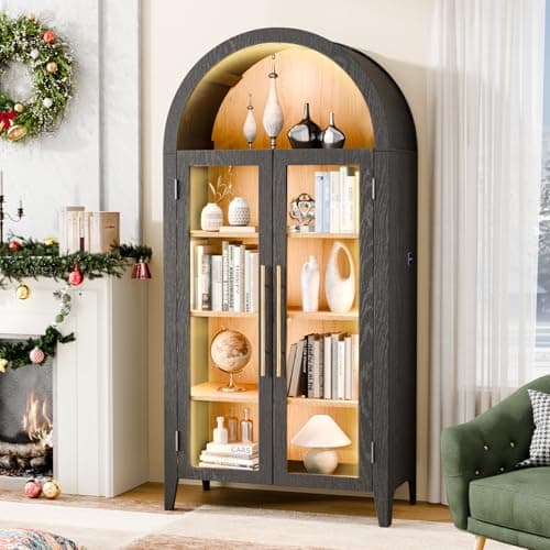 Topcomfy 71”H Arched Storage Cabinet with Glass Doors, Modern Display Cabinet with 3 Color Light, Glass Display Case with Human Body Sensor, 5 Tier Kitchen Pantry Cupboard for Living Room, Black&Oak