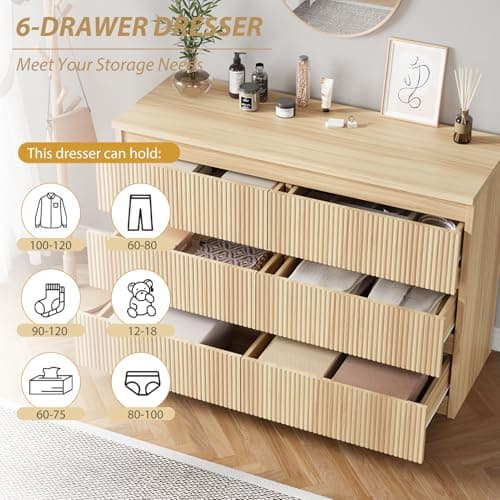 Jocoevol Oak 6 Drawer Dresser for Bedroom, Modern Fluted Dresser, Bedroom Dressers with Drawers, Large Double Wooden Chest of Drawers for Living Room, Hallway 5