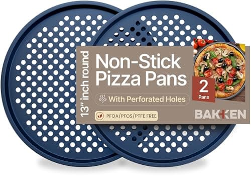 Bakken Pizza Baking Pan - Round Perforated Carbon Steel Pan with Non-Stick Marble Coating, Oversized Silicone Handle, Dishwasher Safe, High-Temperature Resistant, Durable & Easy Cleanup - Blue, 2 Pack