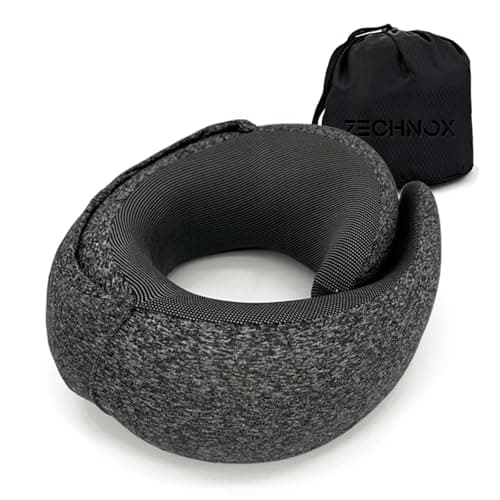ZechnoX Ergonomic Travel Neck Pillow with Stowable Hood,Neck Pillow Airplane,Premium Memory Foam,360º Contoured Design,Washable Cover,Complete Travel Set,Ideal for Airplane,Car and Office (Black)