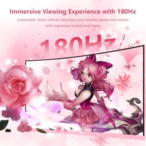 DJiEX 27 inch Curved Pink Gaming Monitor 180Hz,QHD(2560 ×1440),1ms,1800R,VA Screen,FreeSync,Low Blue Light, Flicker Free,Eye-Care, DP, HDMI Port for Gaming Home Office,Supports Wall Mount (75 * 75mm) 6