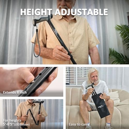 HEALTHBAZAAR Walking Cane for Men & Women - Self Standing Pivot Cane, Adjustable, Foldable Walking Sticks for Seniors & Adults with Wrist Strap, Travel Bag | TRIGRIP (Natural Black) 6