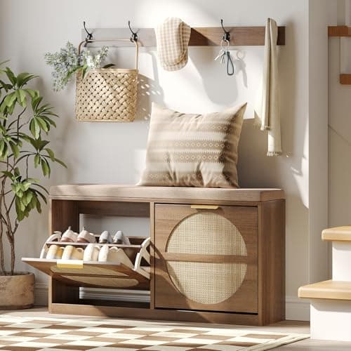 Maupvit Rattan Entryway Bench with Seat Cushion & Coat Rack, Shoe Storage Cabinet with 2 Flip Drawers, Narrow Shoe Rack, 5 Sturdy Metal Hooks, Rustic Oak Rattan