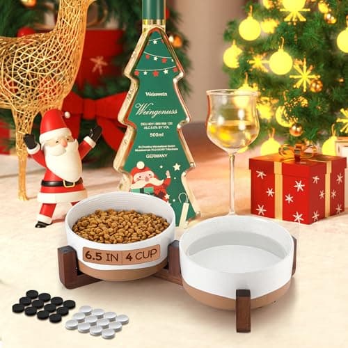 Lareina Ceramic Dog Bowl for Food and Water, 3 Cups Pet Bowl Set with Non-Slip Wood Stand for Your Small Medium Sized Dog, Vanilla White 7