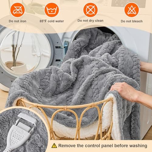 Easthome Electric Heated Blanket Queen Size Dual Control - Jacquard Shaggy Sherpa 84"x90" Fast Heating Bed Blankets with 6 Heating Levels & 10 Hours Auto Off, Over-Heat Protection ETL, Light Gray 7
