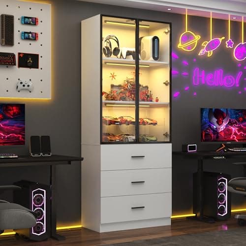 chartustriable 79" Tall Display Cabinet with LED Sensor Light & Pop-up Glass Doors & Drawers, Modern Bookcase Curio Storage Cabinet for Bedroom, Living Room, Office, White