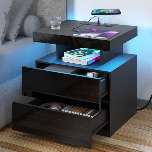 HOMMPA LED Nightstand with Wireless Charging Station & USB Ports, Modern Bedside Table, Black Night Stand with Open Compartment, Smart Nightstand High Gloss Surface for Bedroom