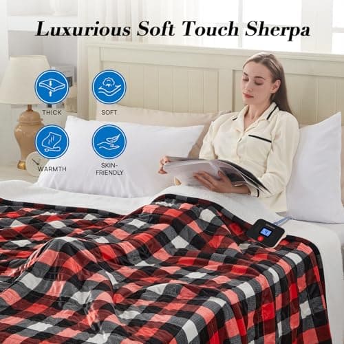 Westinghouse Electric Blanket, Plaid Sherpa Heated Blanket, 10 Heating Levels & 1-12 Hours Time Settings, Red, 62"x84" Twin Size 8
