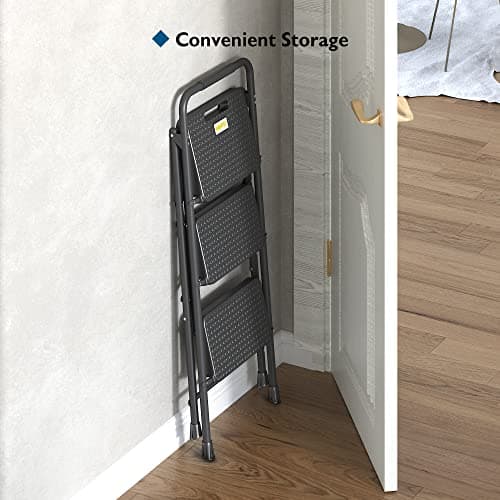 BONTEC 3-Step Ladder, Folding Step Stool, 600lbs Max Load Capacity, Sturdy Steel, Non-Slip Pedals, Lightweight, Portable Steel Ladder with Convenient Handrail, Safety Design for Home & Work, Black 8