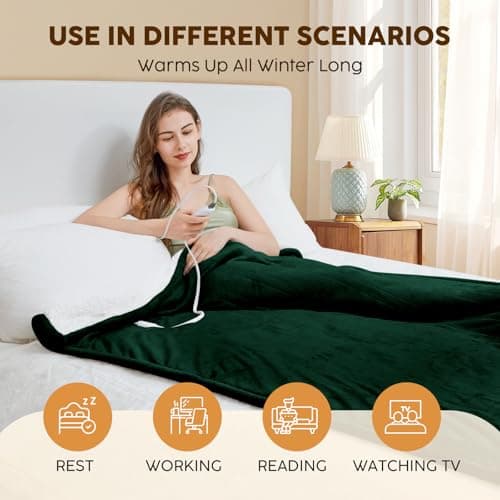 HYLEORY Heated Electric Blanket Twin 62"x84" Soft Fleece & Flannel with 5 Heating Levels & 10 Hours Timer Auto Shutt Off, ETL Certified, Washable，Heated Blanket for Body-Dark Green 5