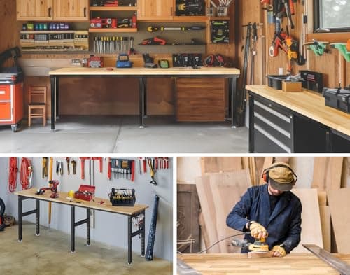 MUWOOD 96”Adjustable Work Bench, 5000 LBS Capacity Heavy Duty Workbench with Power Outlet & Pegboard, Rubber Wood Work Table for Garage, Workshop, Office, Home 6