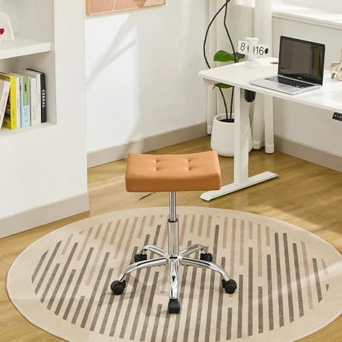 FIRAVOE Office Stool with Wheels (300lbs Capacity) (Adjustable Height 17"-21") Brown Faux Leather Workbench Stool (Camel Brown)