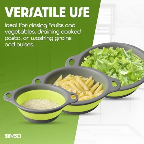 Gevoli 3-Pack Collapsible Colanders with Self-Draining Base, Over Sink-edge Silicone Food Strainers, Small/Med/Large Sizes, Nesting for Easy Compact Storage (3Qt, 4Qt, 5-Quart Set) Green/Gray 6