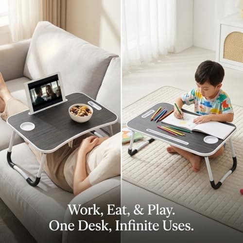 BUYIFY Folding Lap Desk, 23 Inch Portable Wood Black Laptop Bed Desk Lap Desk with Cup Holder, for Working Reading Writing, Eating, Watching Movies for Bed Sofa Couch Floor 6