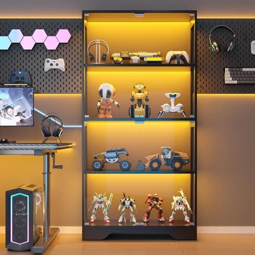 UNIQUITE Display Cabinet with Glass Doors, LED Curio Cabinet with RGB Human Body Sensor Light, 4-Tier Figure Display Case for Collectibles, Tall Bookcase with 4 Shelves, Storage Cabinets, Showcase