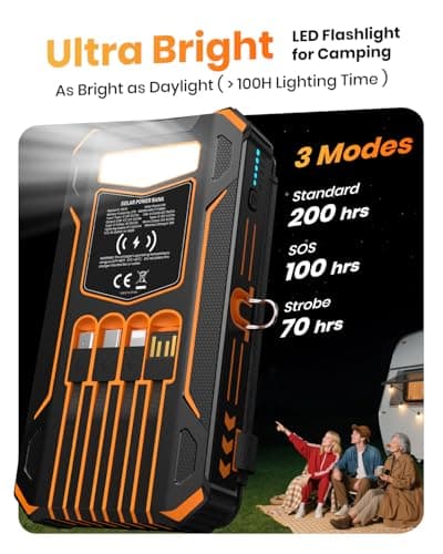 SOARAISE Solar Charger Power Bank - 48000mAh Wireless Portable Charger Built-in 4 Cables and 4 Solar Panels, PD QC 3.0 Fast Charging USB C Battery Pack with Flashlight for Camping Travel 7