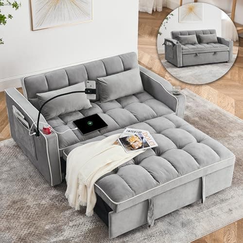 tiramisubest Convertible Sofa Bed, Sleeper Sofa with Side Pocket, Adjustable Backrest, Living Room Sofa with Phone Holder, Pull Out Couch, Loveseat with Cup Holder and USB Interface (Velvet, Gray)