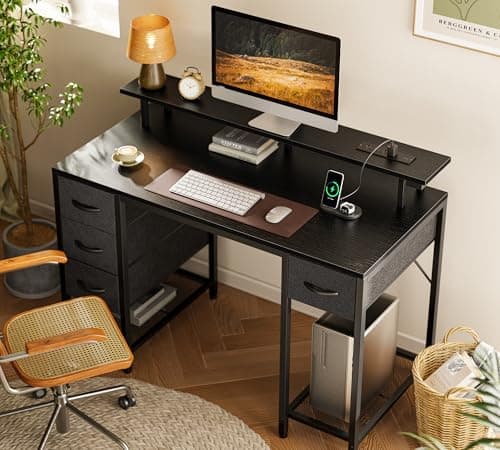 Huuger 47 inch Computer Desk with 4 Drawers, Gaming Desk with LED Lights & Power Outlets, Home Office Desk with Large Storage Space for Bedroom, Work from Home, Black 8