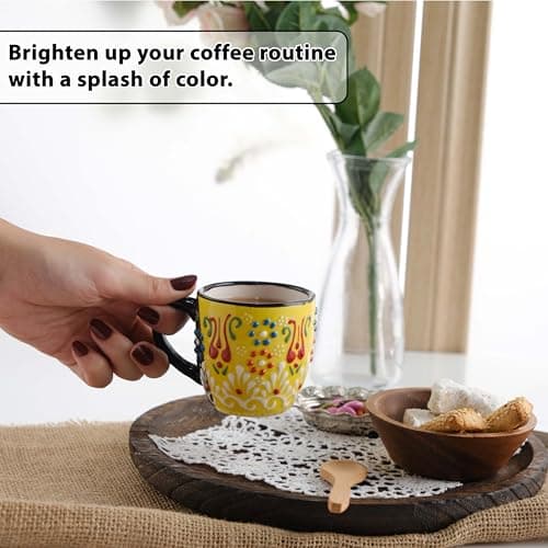 Espresso Cups Set of 2 | 4 oz Small Espresso Cups | Turkish Tea Cups | Demitasse Mugs with Handle | Modern Stackable Ceramic Espresso Mugs Set (Yellow/NavyBlue) 5