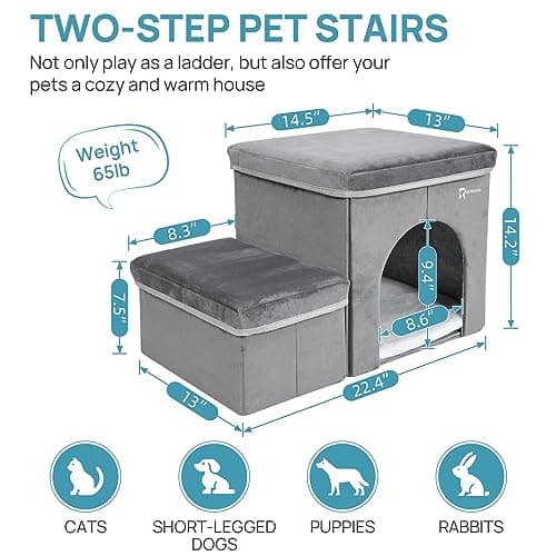 RYpetmia Foldable Pet Stairs for Beds & Sofas - Non-Slip Dog Steps with Storage for Small to Medium Dogs & Cats, Supports up to 120 lbs - Durable 2 & 3-Step Doggie Ladder for Easy Access 5