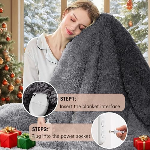 RUJIPO Heated Electric Blanket Throw–Faux Fur with Soft Thick Sherpa,Warm Winter Birthday Gifts for Women Grandma，10 Heat Settings,5 Time Settings with Fast Heating, 50x60, Foggy Dusk 5