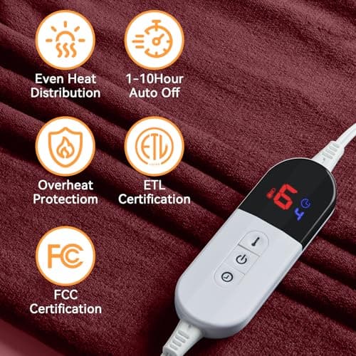 Easthome Heated Blanket Twin Fast Heating Bed Electric Blankets Throw Flannel with 6 Heating Levels & 4 Hours Auto Off, Over-Heated Protection ETL, Double-Sided Flannel，Red 4
